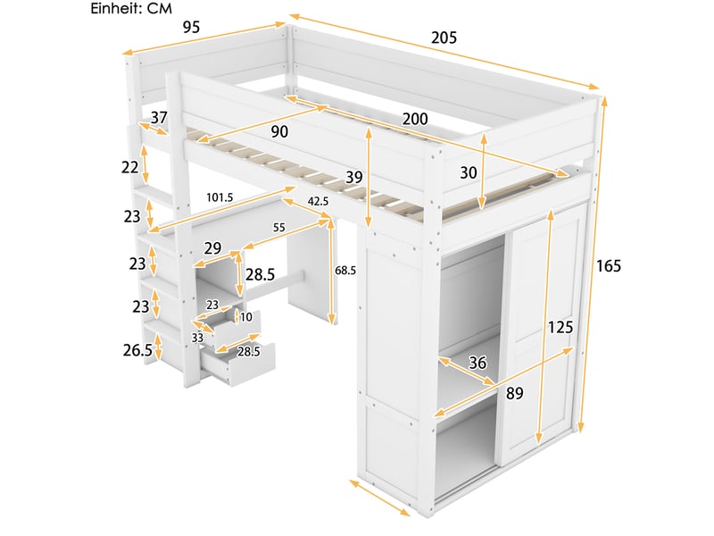 Lit mezzanine enfant 90x200 cm avec bureau, armoire et tiroirs blanc - Conforama C
