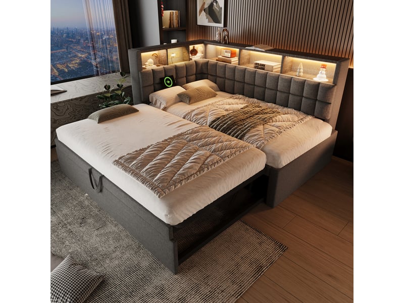  Lit gigogne,90x200 cm,avec extension 90x190cm,bluetooth,usb type-c,led,lin,gris  - Conforama D
