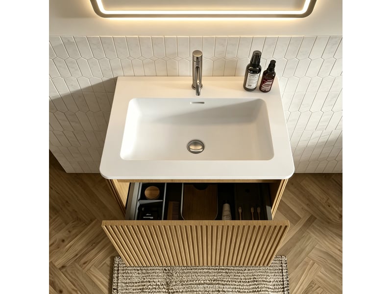  Meuble vasque suspendu 61 cm avec miroir led 60 x 80 cm, coloris chêne, 1 tiroir  - Conforama D