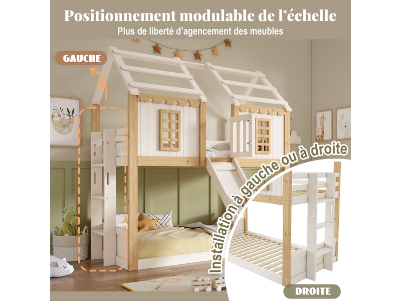 Lit superposé enfant 90×200 cm avec toboggan, lit cabane en bois avec échelle réversible, garde-corps 360°, fenêtre et espace de jeu - blanc et bois naturel - Conforama D