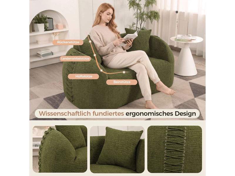  Canapé 2 places courbé 155x90 cm, design moderne, tissu chenille, accoudoirs avec détails lacets, 2 coussins inclus, vert OMNIGLINT TRADING LTD - Conforama E