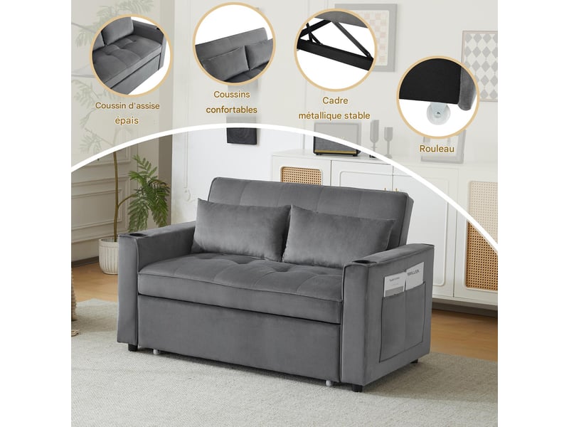  Canapé convertible 2 places en velours gris N653P464748G - Conforama D