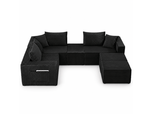 Canapé modulable 6 places en velours côtelé noir, assise souple et composition flexible
