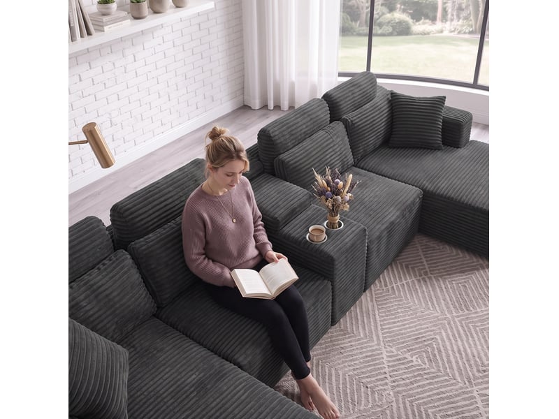  Canapé d’angle modulaire en u 373x151x81 cm compressé, porte-gobelets velours côtelé couleur gris foncé  - Conforama E