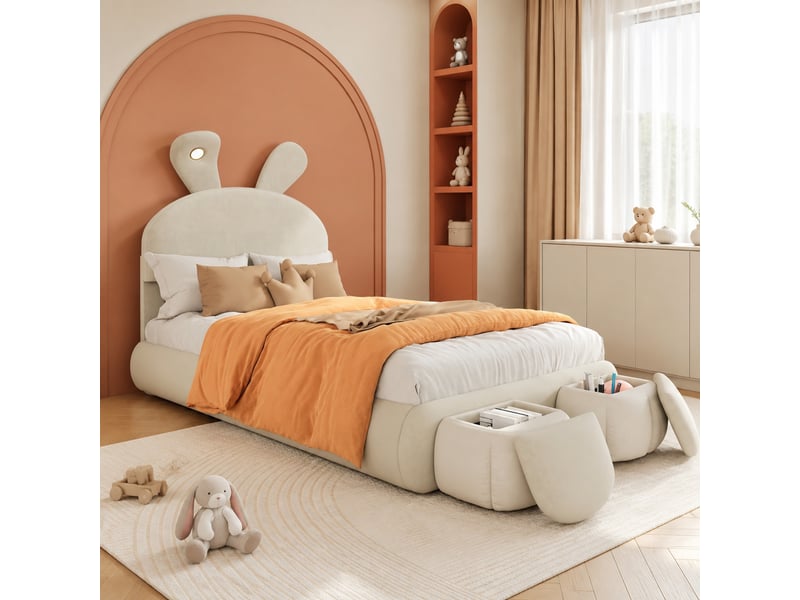  Lit simple enfant 200×90 cm avec oreilles de lapin, led réglable et 2 poufs de rangement, sans matelas, en velours beige  - Conforama B