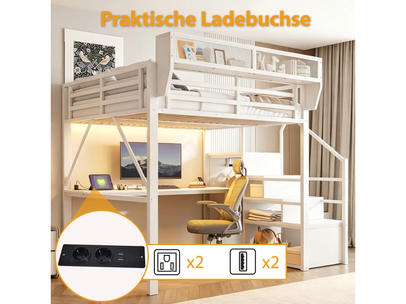  Lit mezzanine 140x200 cm, lit enfant, rangement, bureau, échelle sécurisée, led, métal blanc  - Conforama R