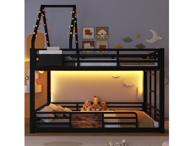  Lit superposé 140 × 200 cm 2 places avec led réglable, poches, barrières, sans matelas, en métal, noir  - Conforama C
