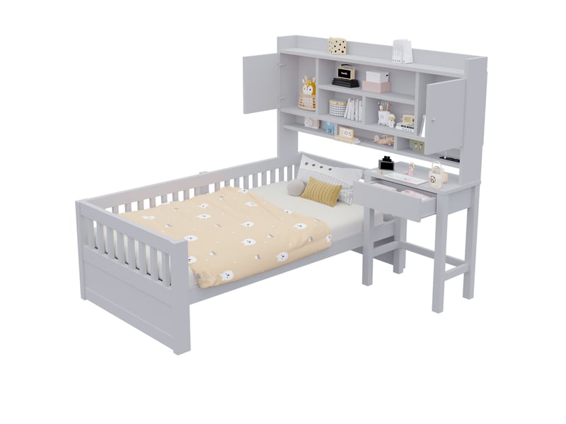  Lit combiné enfant 90x200 cm avec rangement, bureau, led et prise gris  - Conforama A