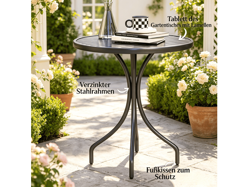  Table bistrot de jardin ronde ø66 cm – noir – acier galvanisé, plateau rainuré et pieds anti-rayures  - Conforama E