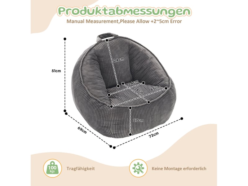  Pouf fauteuil enfant 69x72x51 cm forme incurvée gris clair  - Conforama E