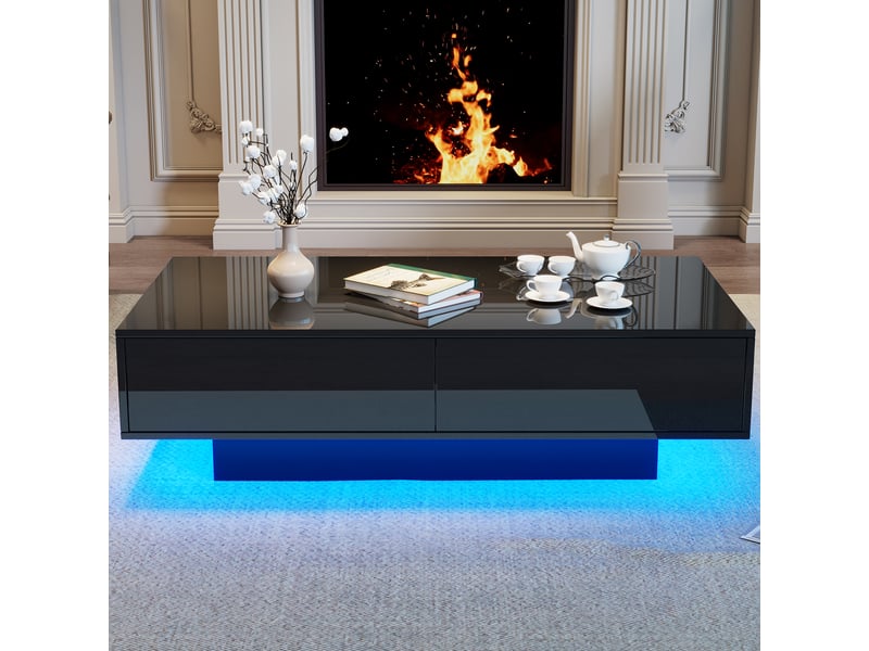  Table basse noire brillante, table de salon avec led intégrée et 2 tiroirs, meuble moderne 115x55x34 cm, capacité 30 kg.  - Conforama E