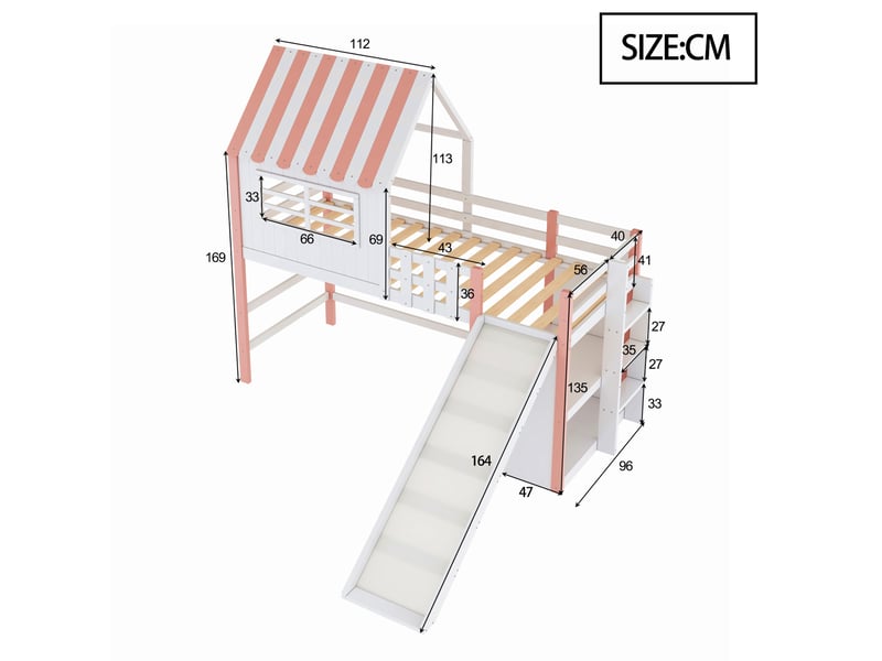 Lit mezzanine enfant 90x200 cm – rose – toit avec toboggan et étagères de rangement - sans matelas - Conforama C