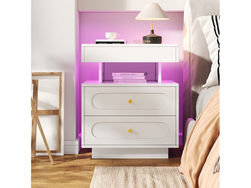  Table de chevet ulevr avec led 50 x 40 x 60 cm, 2 tiroirs, 1 niche ouverte, panneau de particules, blanc  - Conforama D