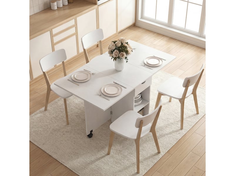  Table à manger pliable extensible 4 personnes - 2 abattants, 2 étagères, tiroir, roulettes - aspect bois blanc  - Conforama B