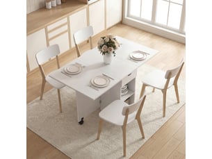 Table à manger pliable extensible 4 personnes - 2 abattants, 2 étagères, tiroir, roulettes - aspect bois blanc