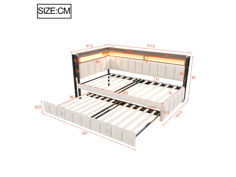  Lit gigogne 90x200 cm avec éclairage led, ports usb et type c en velours beige  - Conforama E