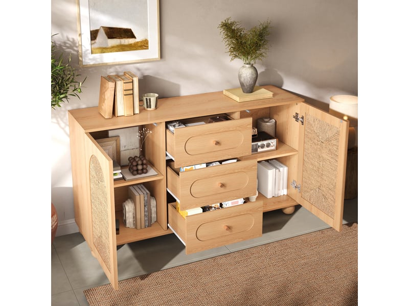  Buffet effet bois naturel avec 2 portes en cannage et 3 tiroirs  - Conforama D