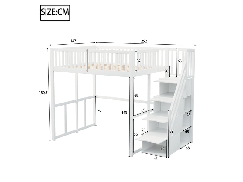 Lit mezzanine 140x200 cm en pin massif, échelle avec rangements, barrière de sécurité, espace sous le lit, blanc  - Conforama C