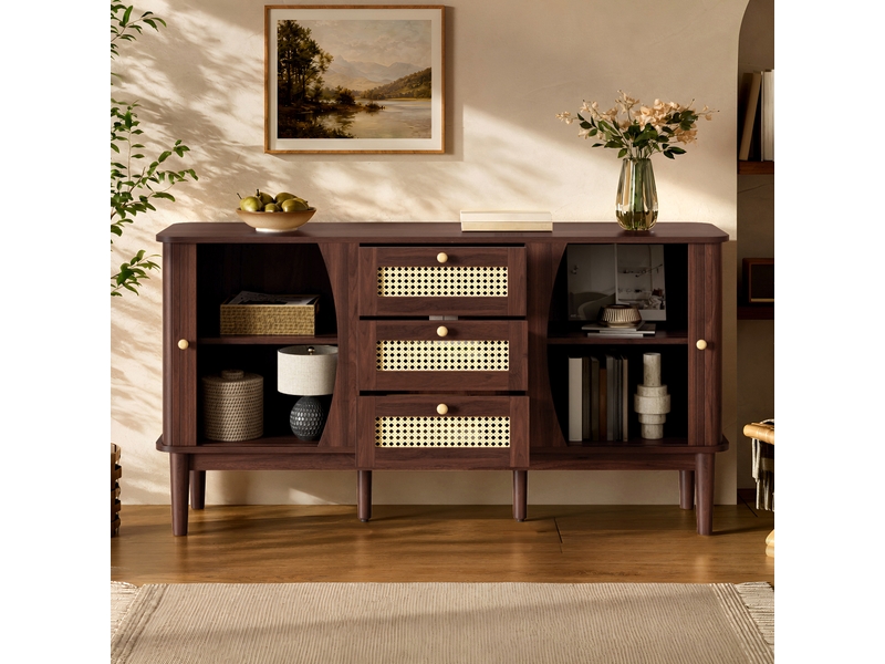 Buffet bas moderne 141x40x77 cm avec 3 tiroirs, portes coulissantes et cannage rotin, meuble de rangement avec étagères réglables pour salon - noyer - Conforama D