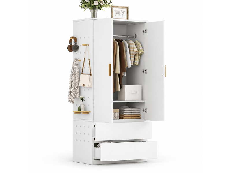  Armoire 70x50x170 cm avec panneau perforé latéral, rangements cachés et 2 tiroirs, dressing multifonction avec espace pratique, bois naturel OPULERANE TRADING LTD - Conforama A