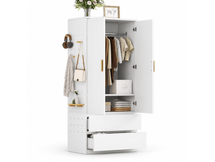 Armoire 70x50x170 cm avec panneau perforé latéral, rangements cachés et 2 tiroirs, dressing multifonction avec espace pratique, bois naturel