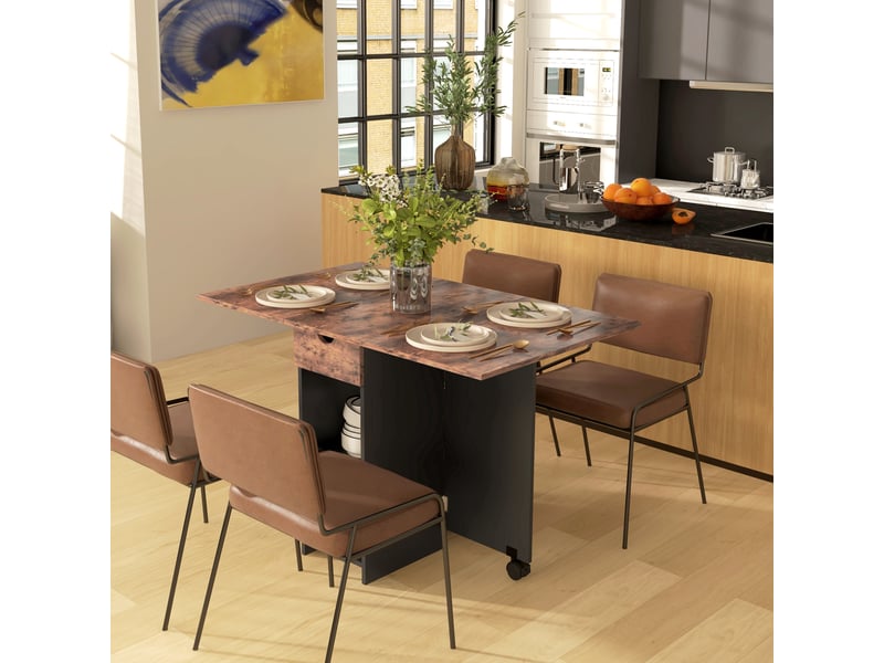  Table de cuisine pliante à roulettes avec tiroir rabattable et étagères pour 2 à 4 personnes, 120 x 72 x 75 cm, marron rustique et noir  - Conforama D