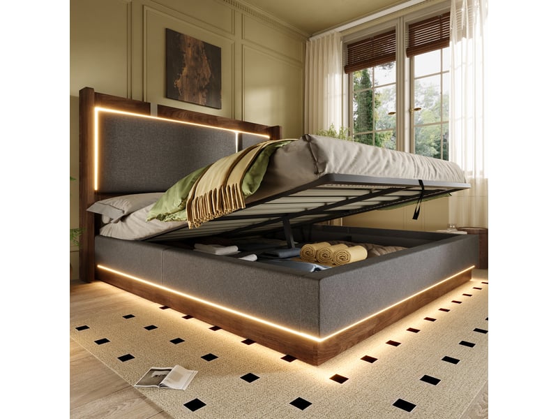  Lit coffre hydraulique 180x200 cm rembourré avec led, sommier à lattes, tête de lit en lin gris et effet noyer Morn Vibe - Conforama C