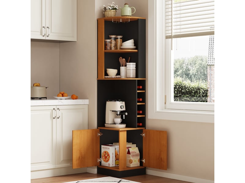 Armoire à vin d'angle noire 40x40x182cm, meuble bar avec porte-verres et étagères, meuble de rangement cuisine gain de place - Conforama R