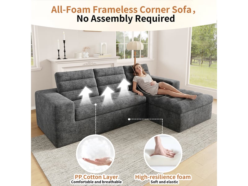  Canapé d'angle modulable en l, tissu chenille gris clair, canapé nuage 4 places avec pouf, assise sans armature pour salon et appartement  - Conforama B