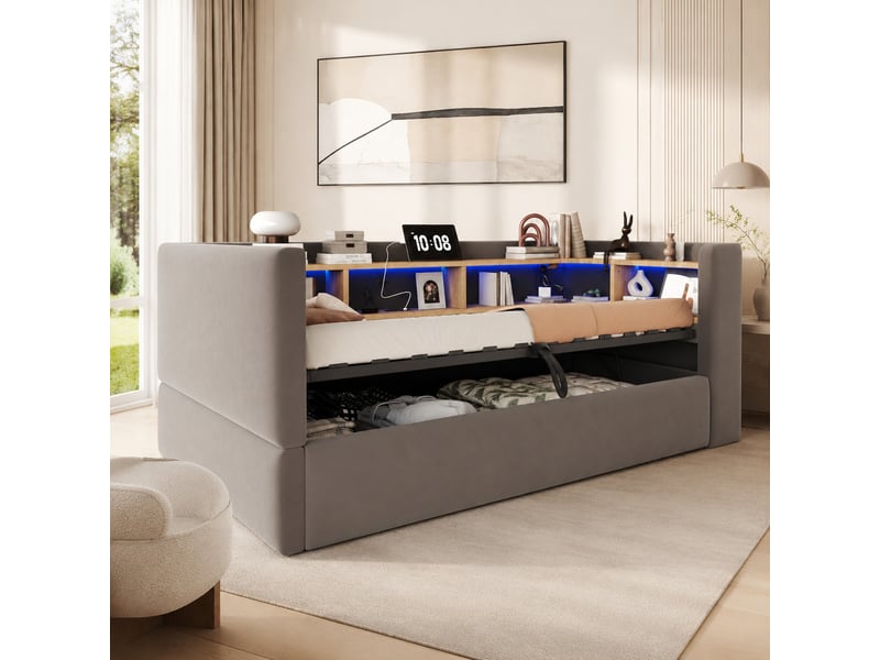  Lit banquette 90 × 190 cm 1 place avec coffre, led, prises et étagères, sans matelas, en flanelle, gris foncé  - Conforama B