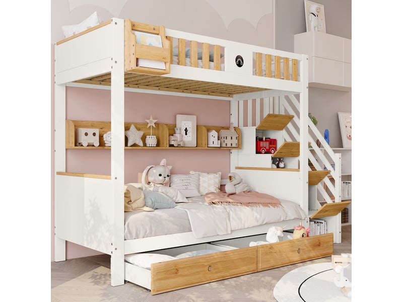  Lit superposé enfant 90x200 cm avec escalier de rangement, blanc et naturel  - Conforama B