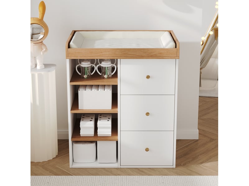  Table à langer 2-en-1 82x50x100 cm, 3 tiroirs, barrière amovible, rangements mdf blanc aspect bois clair  - Conforama E
