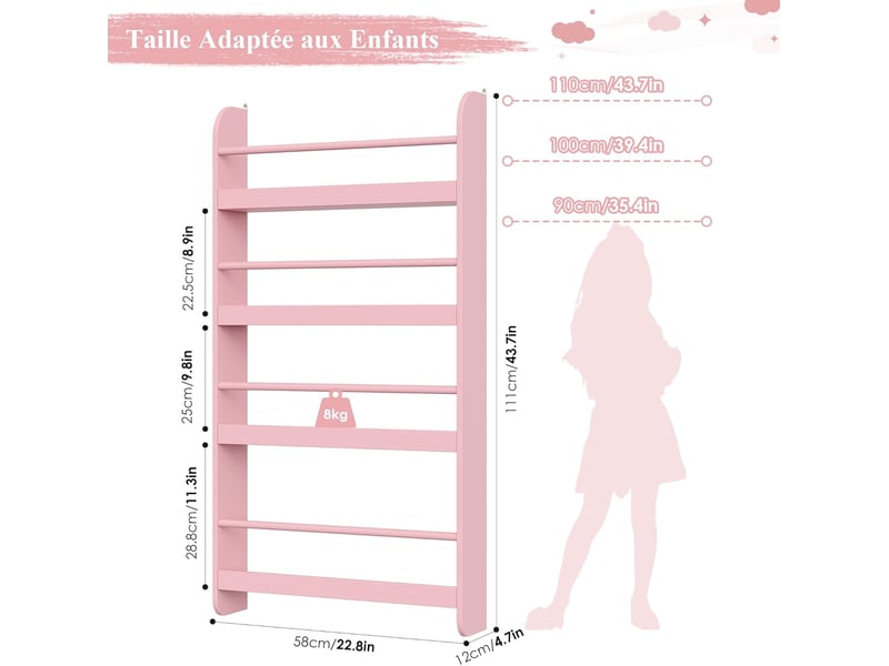  Bibliotheque enfant, bibliothèque murale avec 4 étagères, etagere murale, rangement livre jouets pour chambre d'enfants salle de jeux, rose 58x12x111cm  - Conforama C