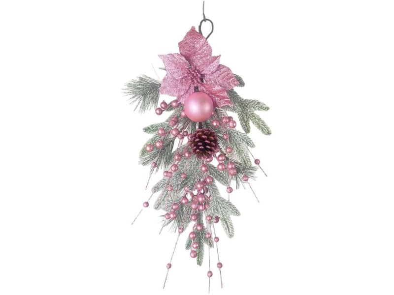  Couronne de noël rose 50 cm avec baies et ornements en goutte, guirlande suspendue pour porte et porche  - Conforama A