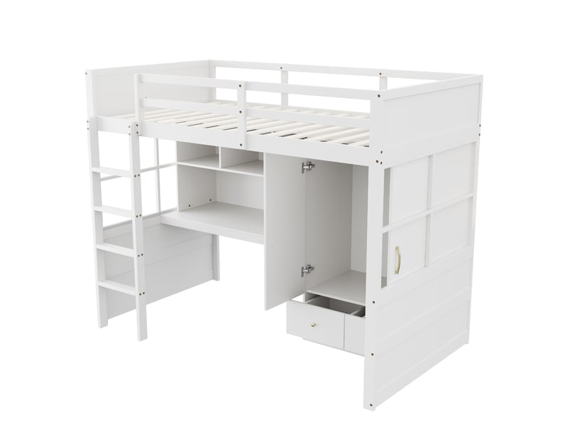 Lit mezzanine avec bureau et armoire, bois blanc, 90x200 cm, échelle, tiroirs et rangements intégrés - Conforama E