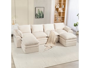 Canapé modulable 4 places 335x167x85 cm, canapé salon avec 2 poufs modulables, coussins et poches latérales, mousse et ressorts, velours côtelé, beige