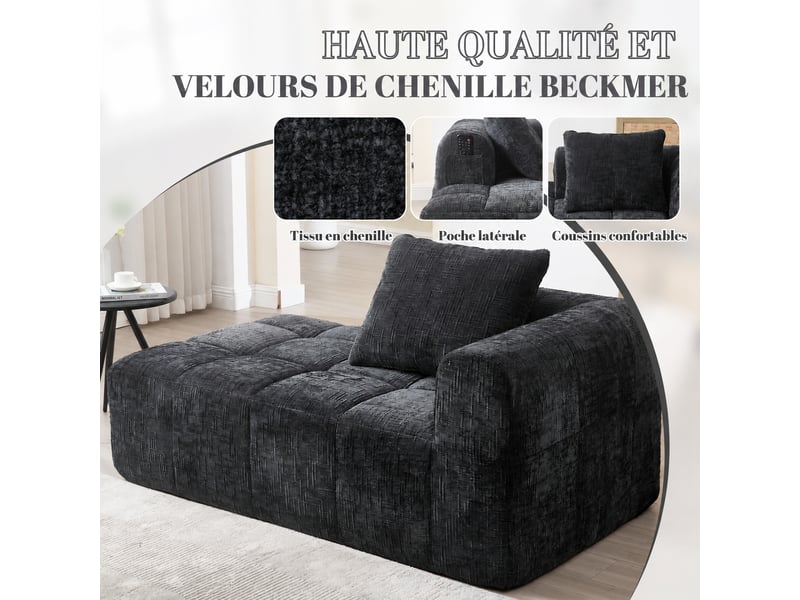  Canapé méridienne noir en chenille, sans montage, 1 place avec coussin inclus  - Conforama B
