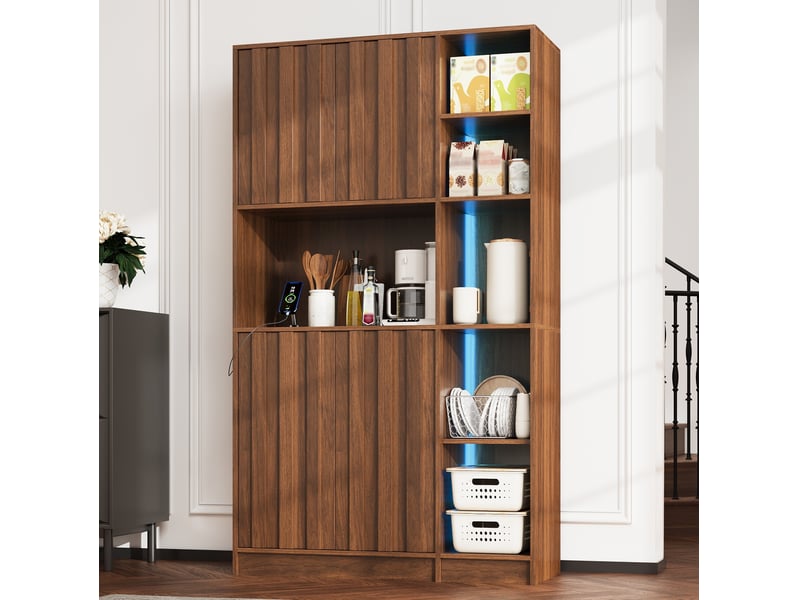  Buffet de cuisine haut led avec prises, 2 portes et niches ouvertes, pour cuisine, noyer, 105 × 40 × 180 cm  - Conforama C