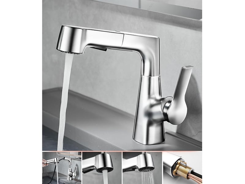  Robinet de lavabo extractible, robinet de lavabo monotrou, valve en céramique (argent)  - Conforama C