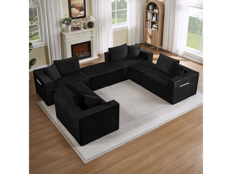 Canapé modulable 8 places en velours côtelé noir, assise souple et modules repositionnables IKSETERA TRADING LTD - Conforama E