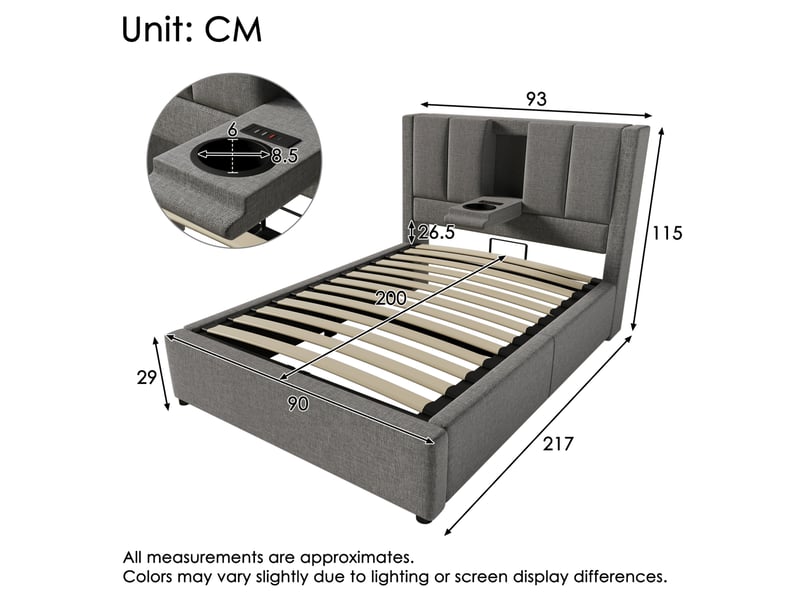  Lit coffre simple 90x200 cm, avec port usb-c, style moderne, porte-gobelet, rangements intégrés, lin gris, sans matelas  - Conforama C