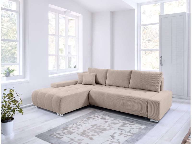 Canapé d'angle convertible velutti l velours côtelé poso crème, méridienne gauche avec coffre - Conforama B