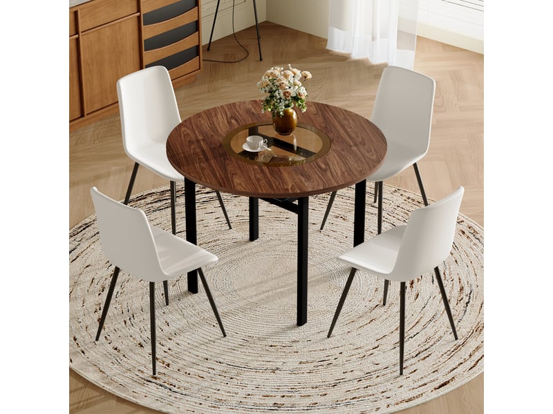 Ensemble table ronde et 4 chaises, plateau mdf effet bois brun avec verre trempé, diamètre 100 cm, sièges blancs en similicuir - Conforama B