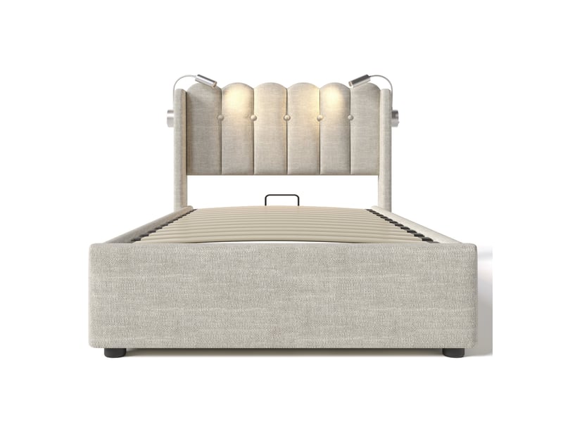  Lit coffre 90x200 avec led et usb, lit une place en lin beige avec coffre de rangement et sommier à lattes  - Conforama A
