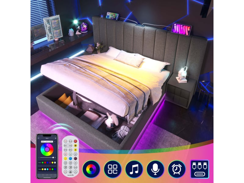  Lit coffre 180x200 cm avec led et ports usb et type-c, en lin, gris, matelas inclus  - Conforama C