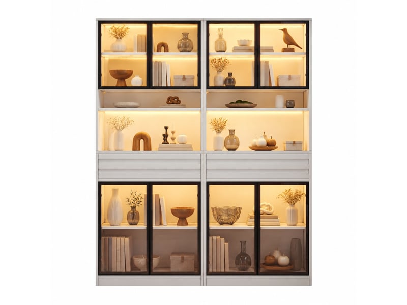 Vitrine led avec 4 portes vitrées, 1 tiroir et niches ouvertes, pour salon, en mdf blanc, 80 × 35 × 200 cm - Conforama A