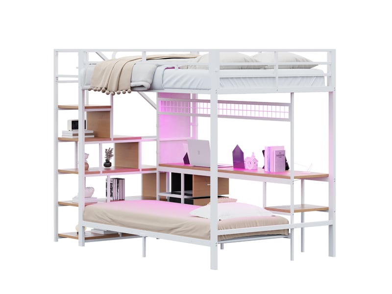  Lit superposé enfant 140x200 et 90x200 cm – blanc – bureau led, prises et rangements – sans matelas  - Conforama A