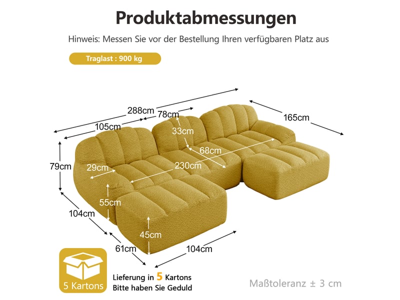  Canapé modulaire u 3 places 288x165x79 cm, granulé, polaire, d, 32, mousse haute densité, 2 poufs, tissu, jaune  - Conforama C