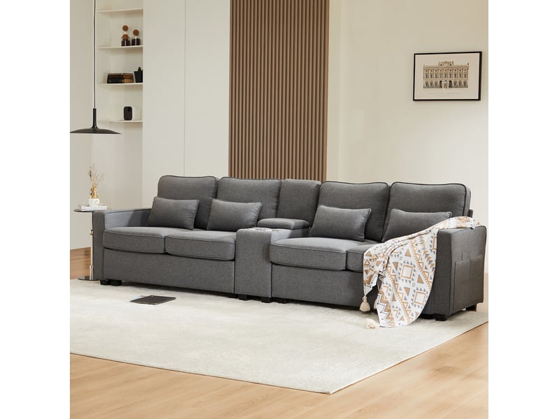  Canapé 4 places modenvie avec console, 2 porte-gobelets et 2 ports usb, gris foncé, 290 x 83 x 88 cm  - Conforama E