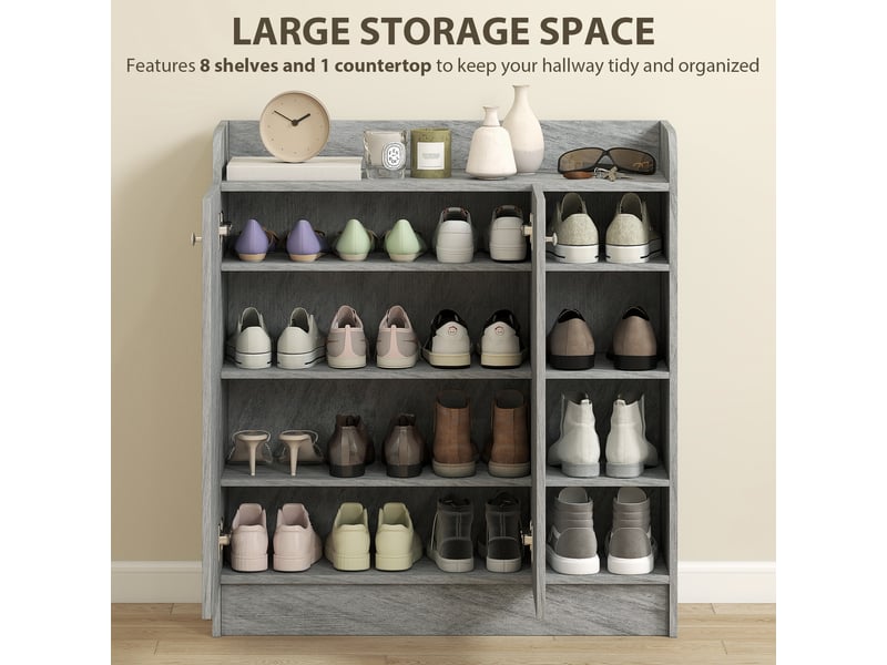  Meuble à chaussures avec espace pour 12 paires de chaussures avec 2 portes et 4 compartiments ouverts pour l'entrée en gris  - Conforama E